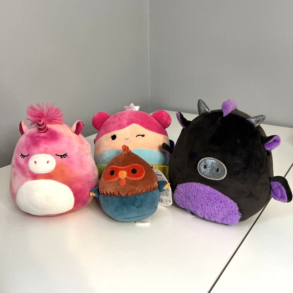 Squishmallows Bundle Of 4: Reed, Esmina Rainbow Fairy, Dent Dragon, Pink Unicorn